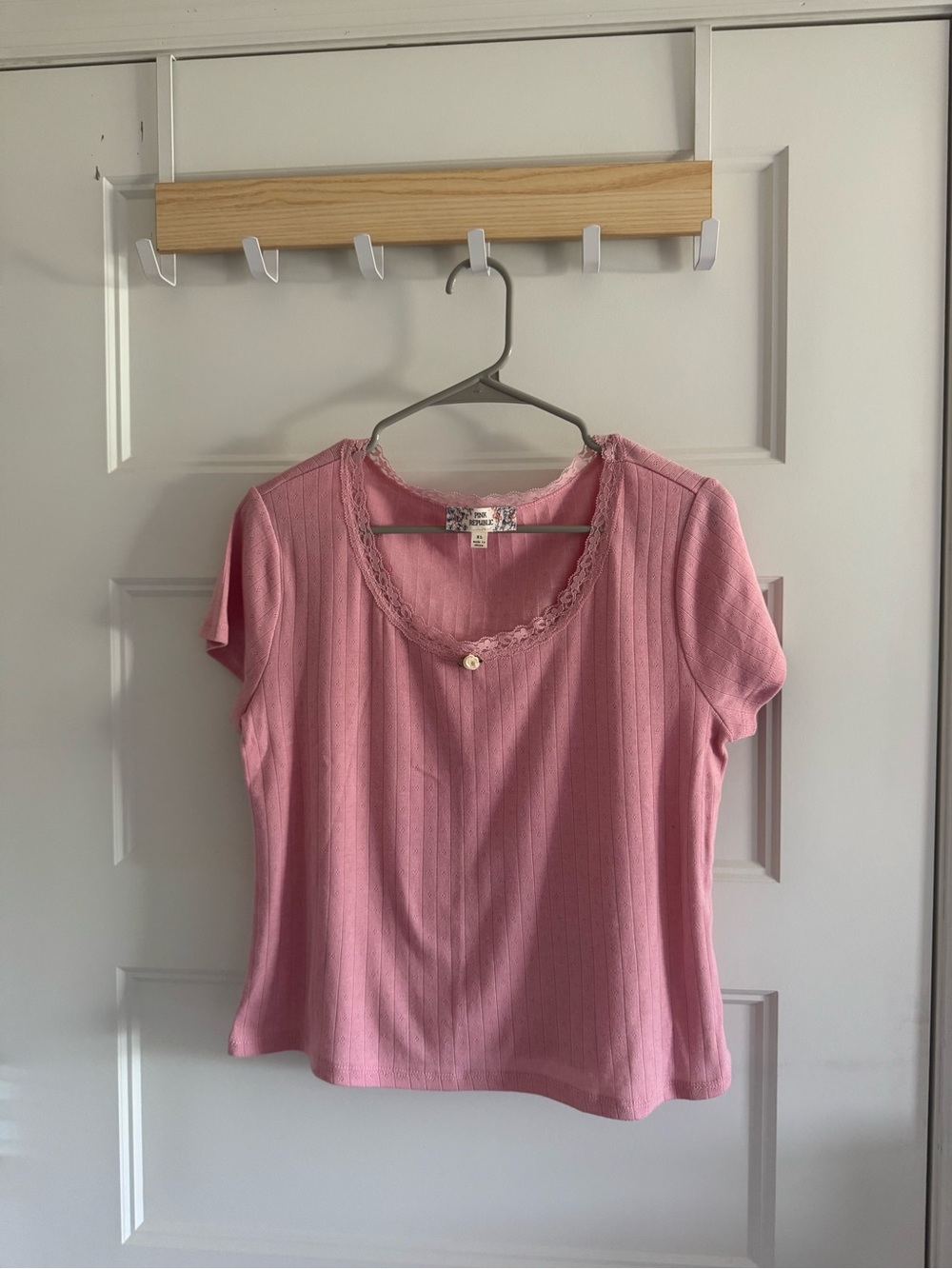 Pink Republic Rose Pink Ribbed Short Sleeve Top with Lace Scoop